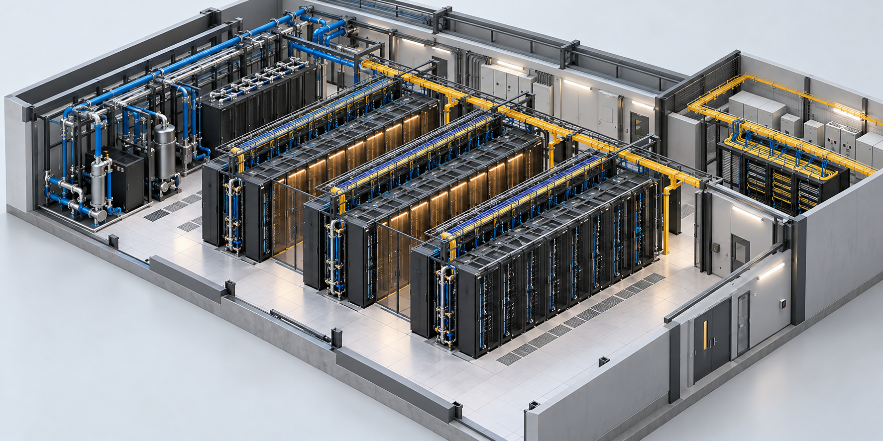 Sala de IA e camada de racks — Racks, contenção, fibra, energia e interfaces líquidas