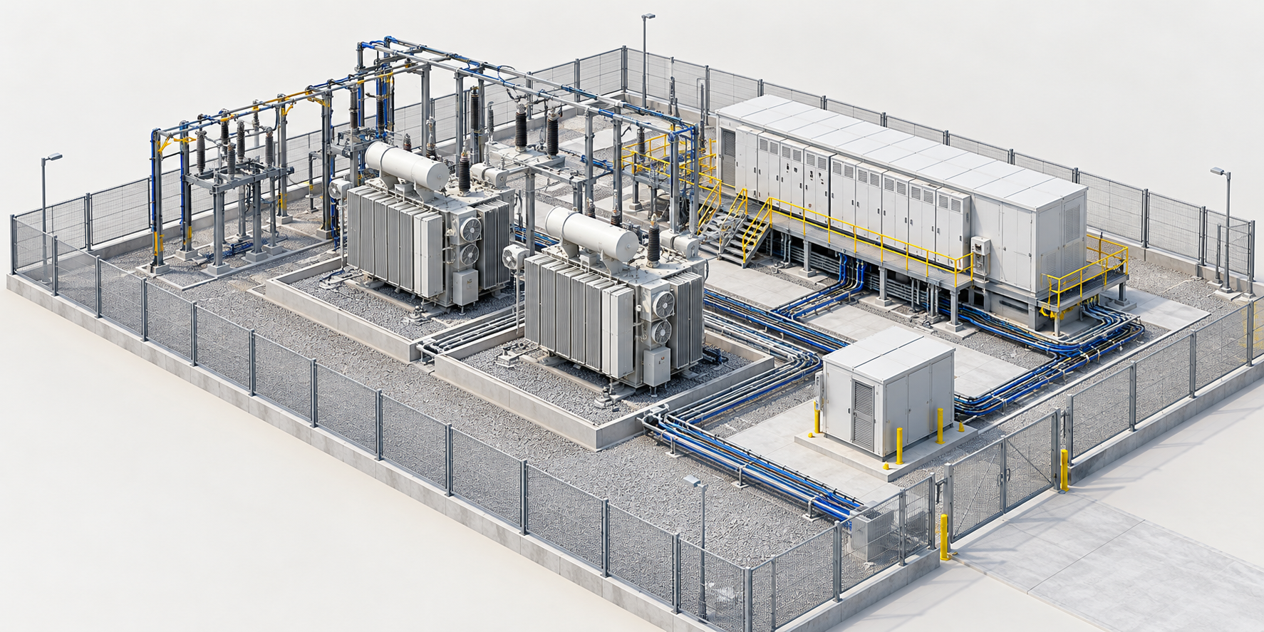 Grid connection & substation — MV intake, transformers, switchgear and cable hand-offs