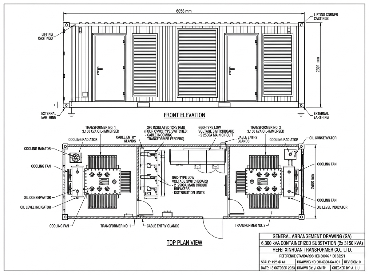 Arranjo geral · Vistas e planta da subestação modular